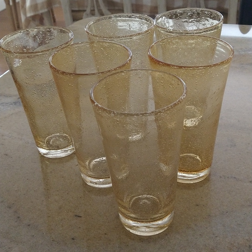 Set of 6 Amber Mexican bubble glass tumblers 12 oz barware 6 1/2" tall